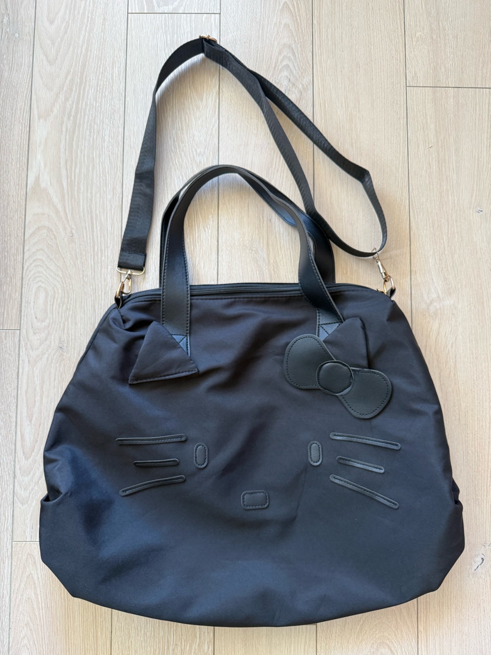 Hello Kitty Face Duffle Tote Bag All Black Durable Lightweight Travel Gym Bag